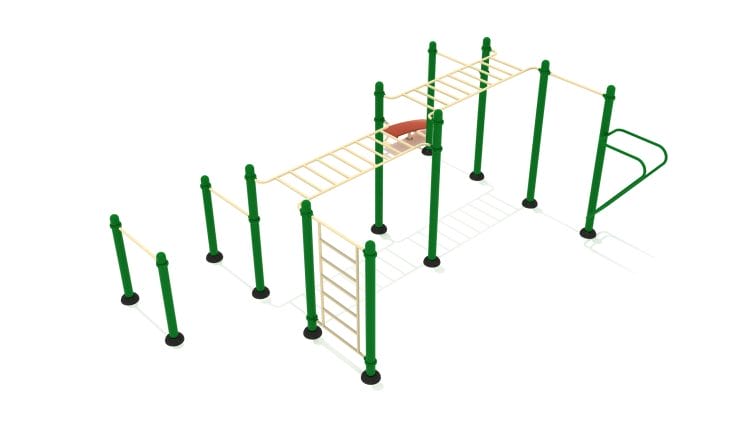 Parque de calistenia al aire libre con barras paralelas, dominadas y monkey bars