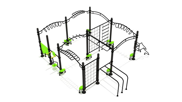 Parque de calistenia XL con barras, red de escalada y estructuras multifuncionales para entrenamiento al aire libre