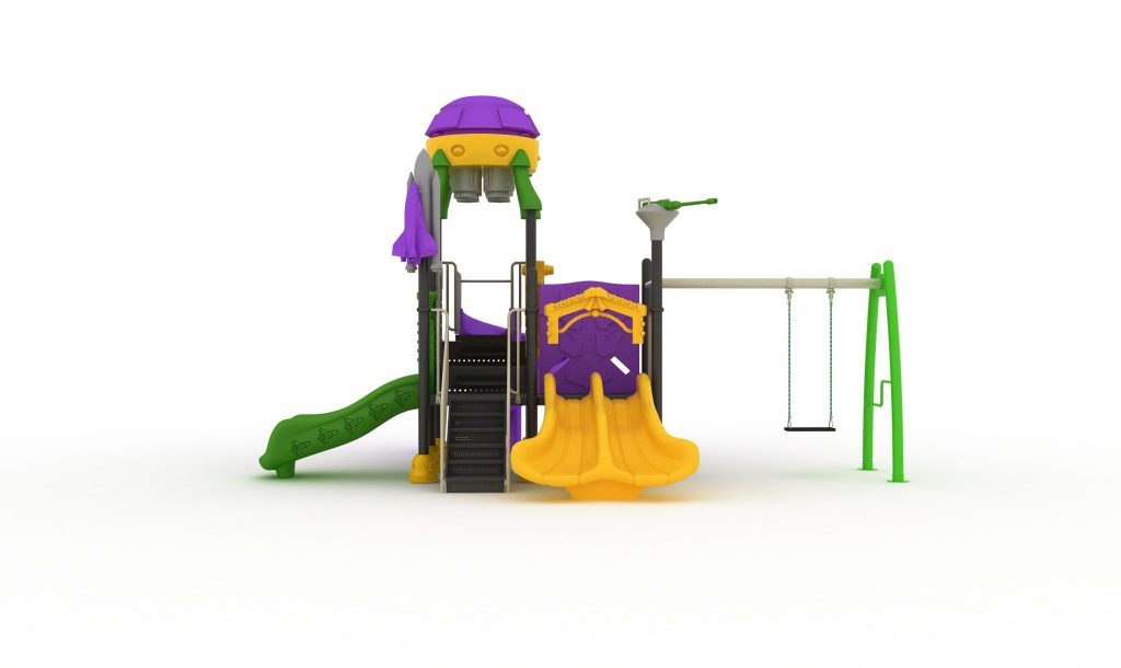 Complejo infantil con torre en forma de nave espacial, toboganes multicolores y pasarelas futuristas