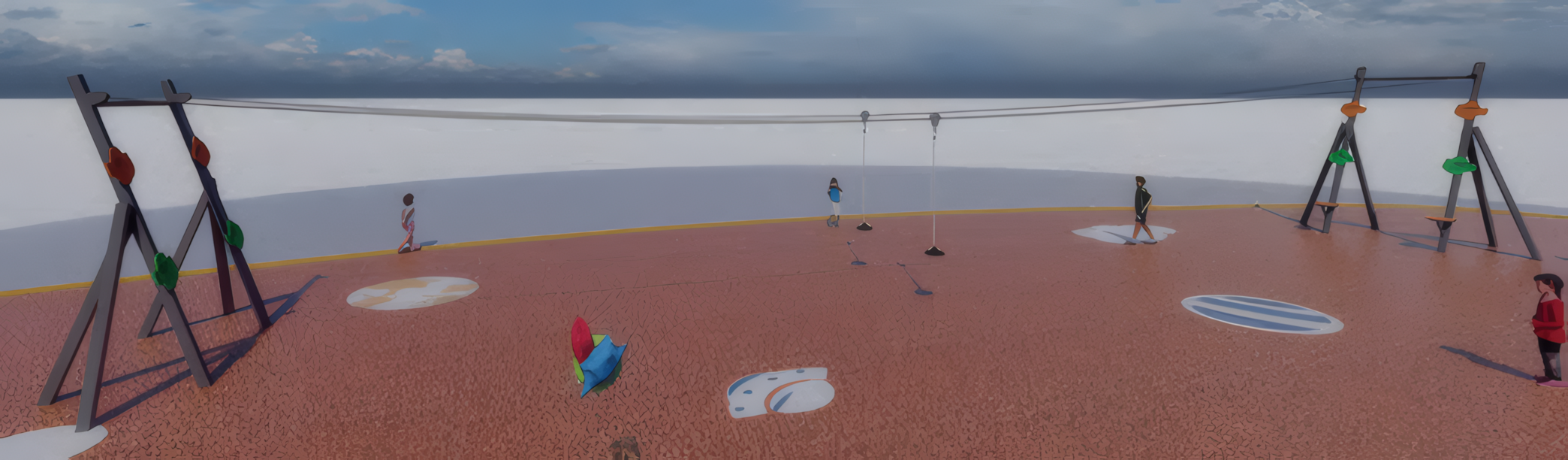 Tirolina doble infantil con estructura de postes en trípode y cable de acero tensado