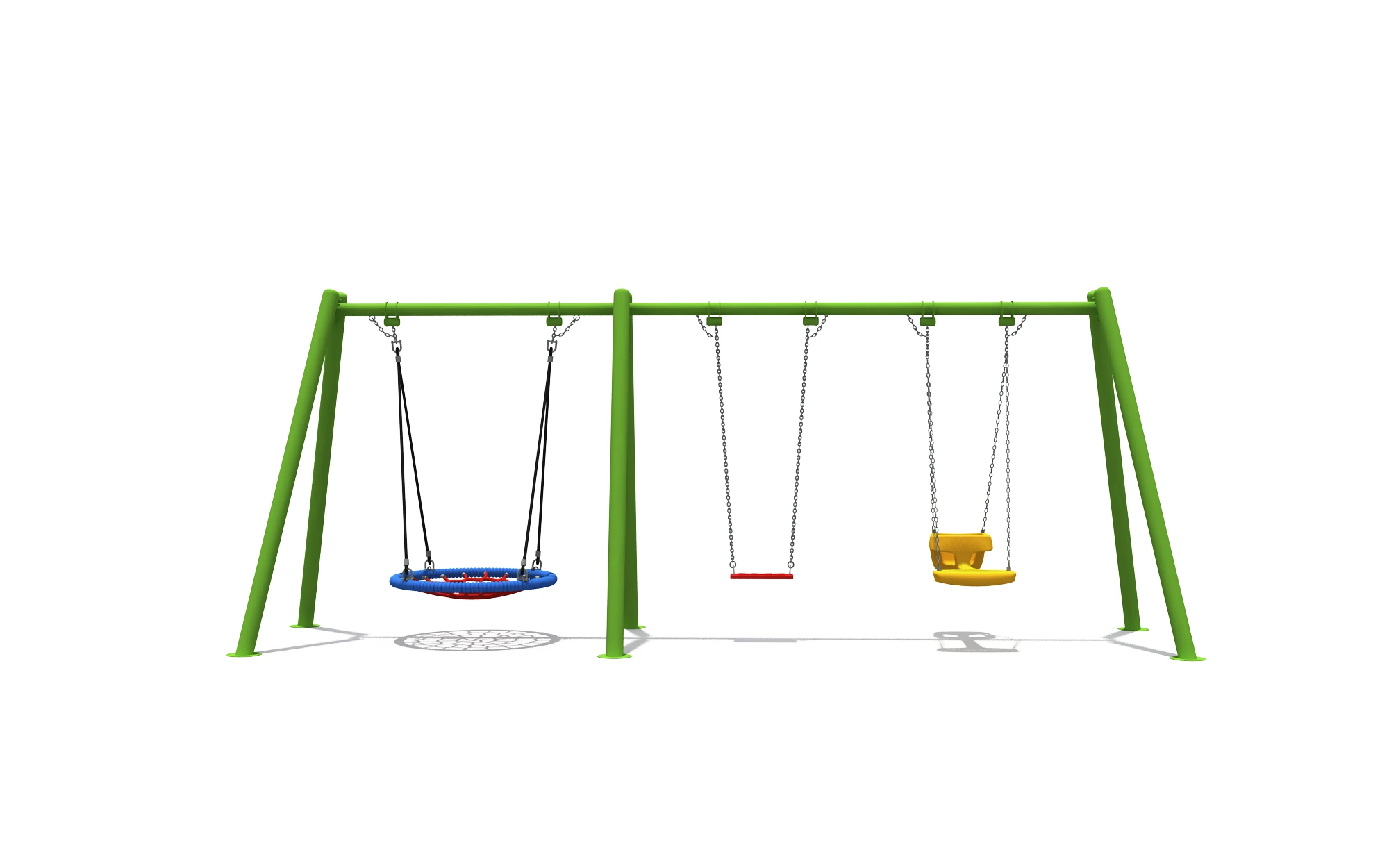 Columpio triple con asientos para bebé, tradicional y tipo nido en un parque infantil