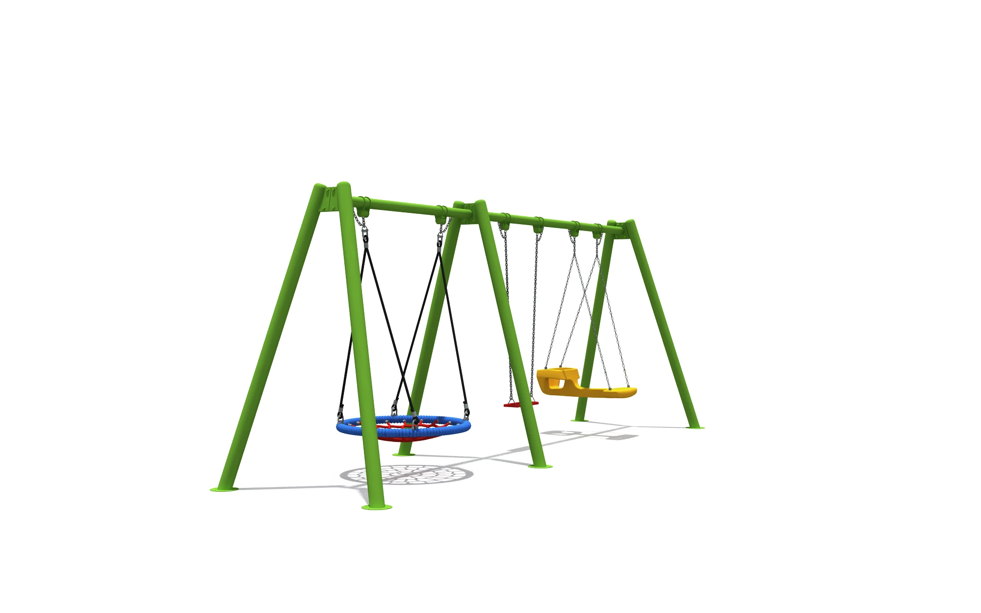 Columpio triple con asientos para bebé, tradicional y tipo nido en un parque infantil